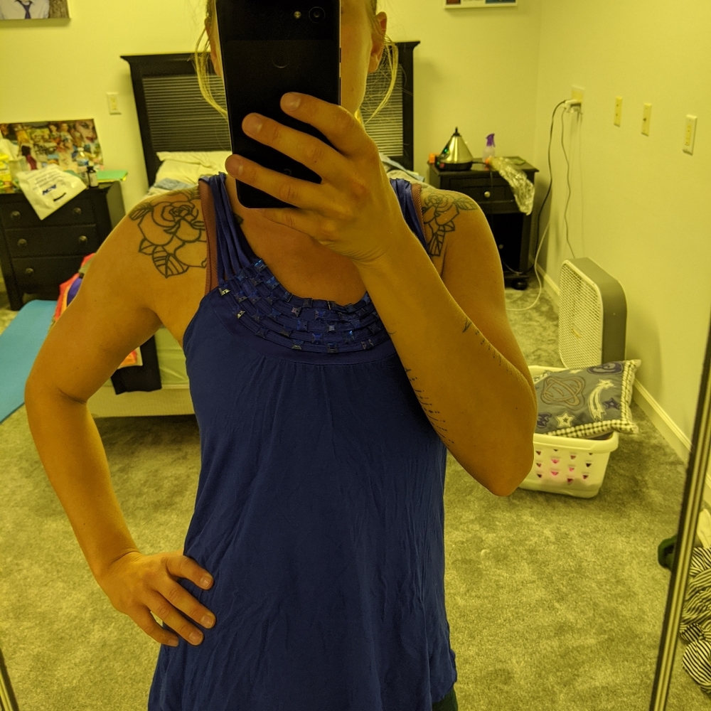 Lola blue tank blouse with neckline gems